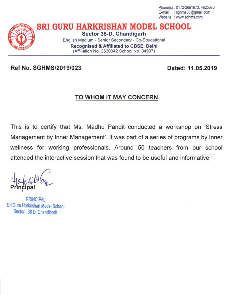 Appreciation Letter by Shri Guru Harkrishan Model School, Chandigarh.